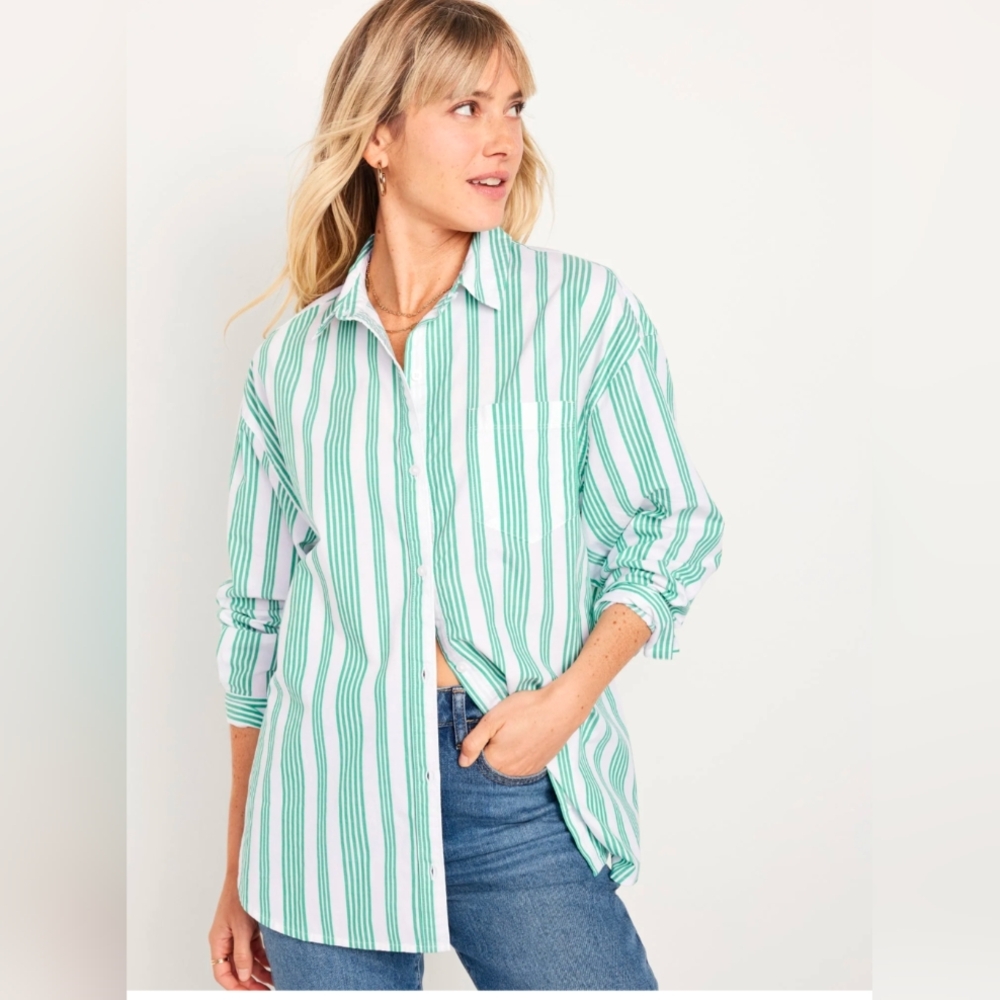 Old Navy NWT Oversized Button-Down Boyfriend Shirt Green White Striped, size M